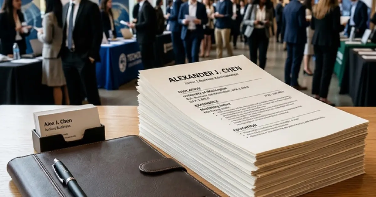 Student preparing resume materials for career fair with printed resumes and company research notes
