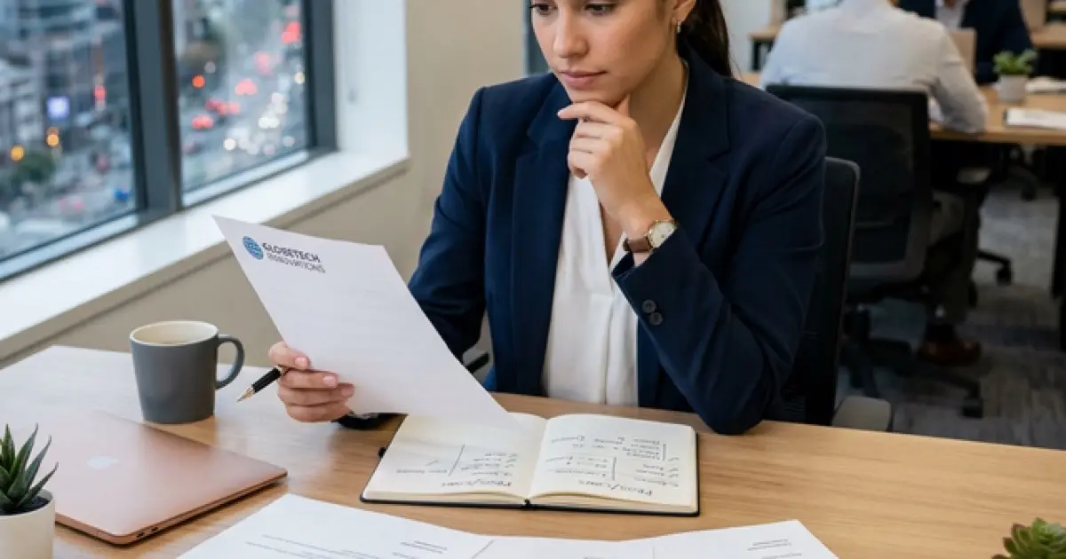 Professional reviewing multiple documents at a desk with comparison notes and a decision matrix