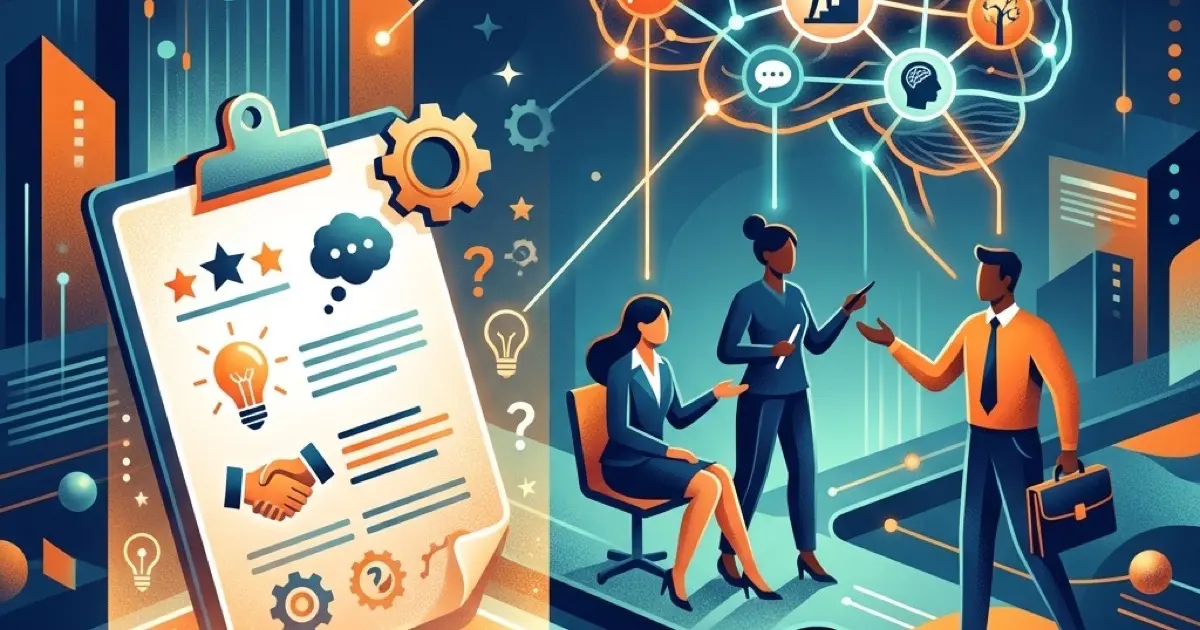 Professional in interview setting confidently answering behavioral questions with thought bubbles showing experience translation from one career to another