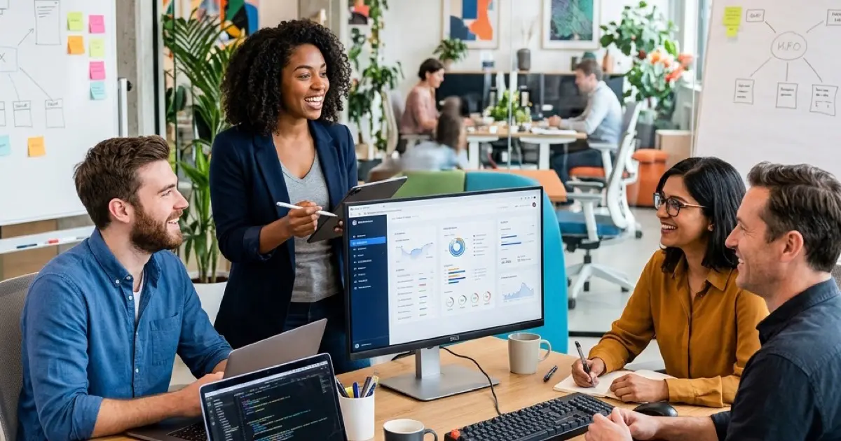Professional performing tasks during a working interview at a modern office with mentor observing and taking notes