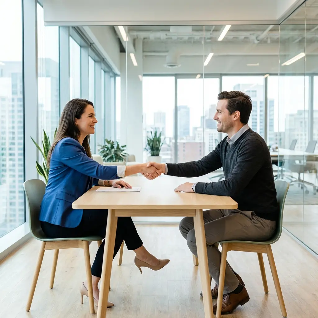 Professional interview setting with confident candidate answering questions