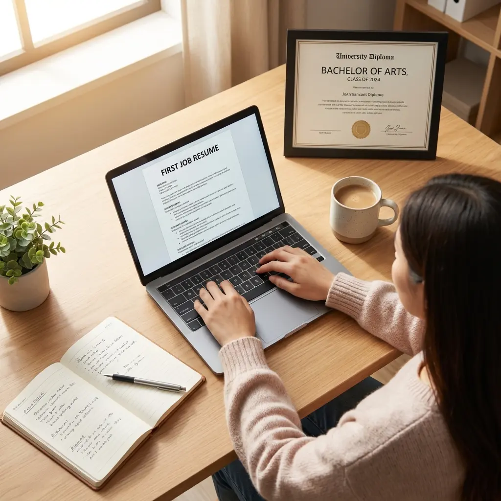 New graduate writing their first job resume on laptop with university diploma and coffee cup on desk