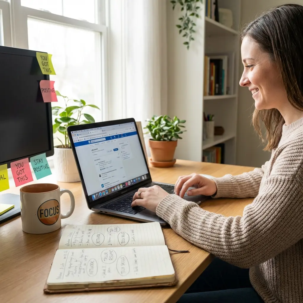 Job seeker at laptop researching entry-level opportunities with notebook showing job search strategies and coffee cup