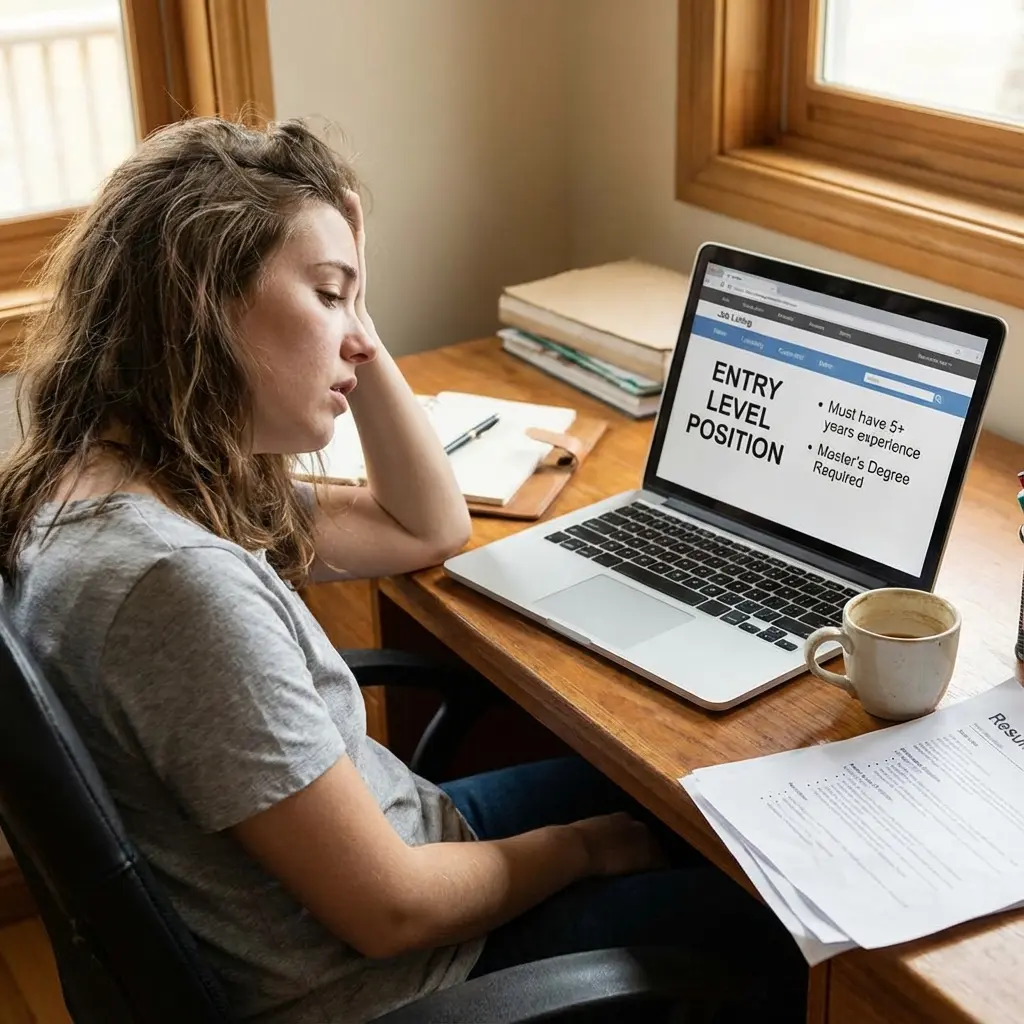 Frustrated job seeker looking at entry-level job posting requiring years of experience