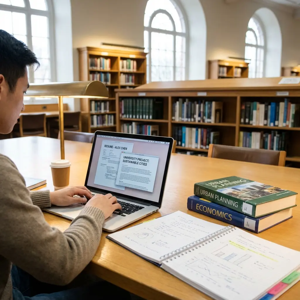 Student working on laptop with university project materials and resume