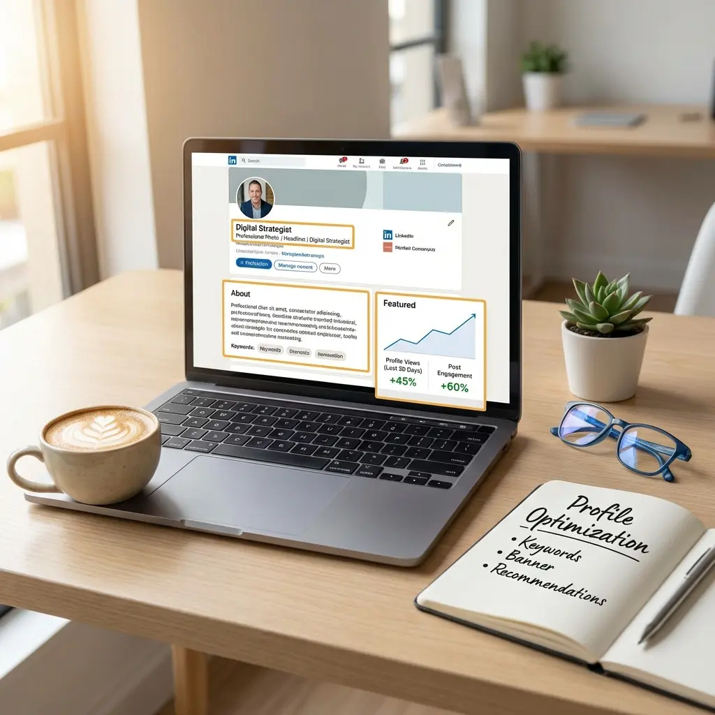 Professional reviewing optimized LinkedIn profile on laptop with engagement metrics visible