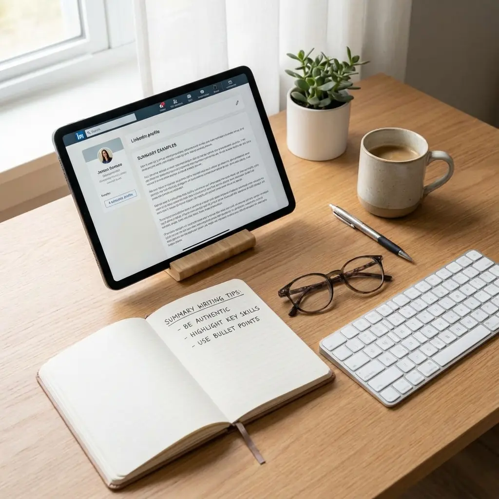 Professional reviewing effective LinkedIn summary examples on tablet with coffee