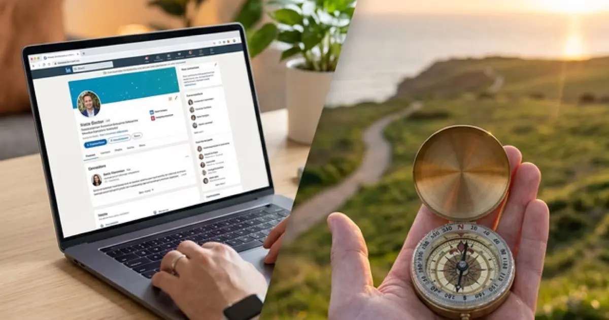 Professional updating LinkedIn profile on laptop showing career transition strategy