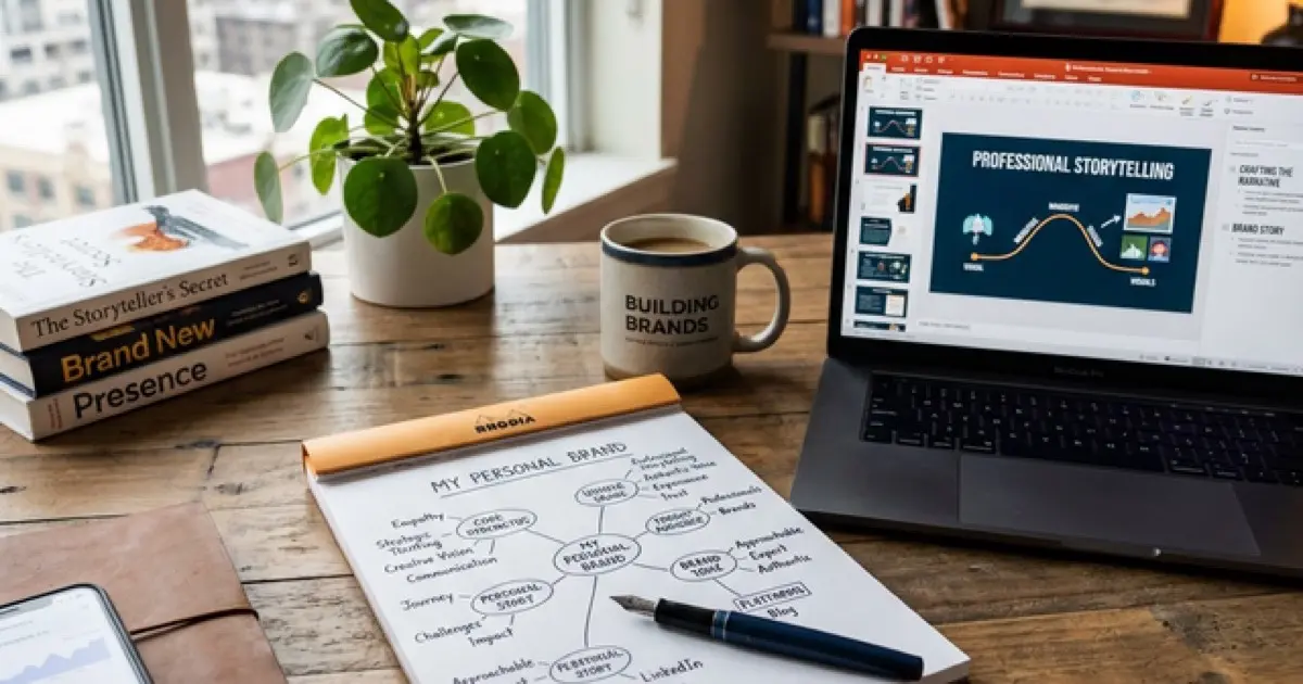 Professional writing LinkedIn About section on laptop with strategic framework visible