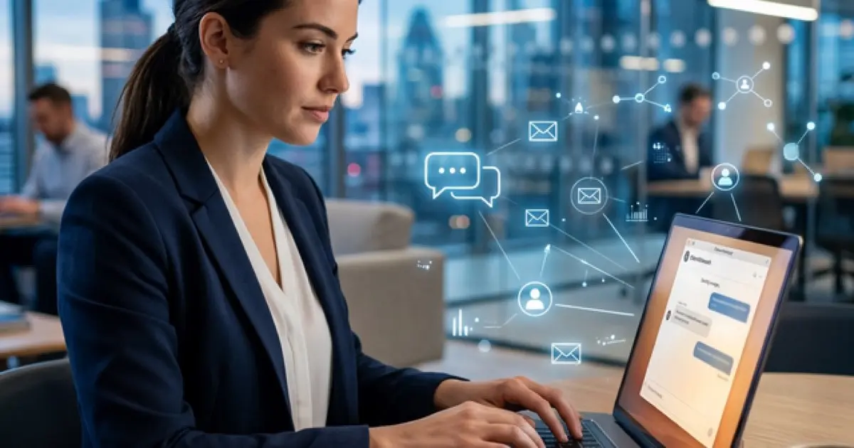 Professional composing LinkedIn networking message on laptop with response notification visible