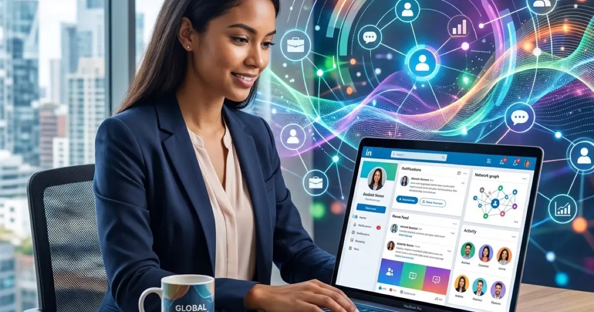 LinkedIn analytics dashboard showing engagement metrics, post performance data, and audience growth on a modern screen
