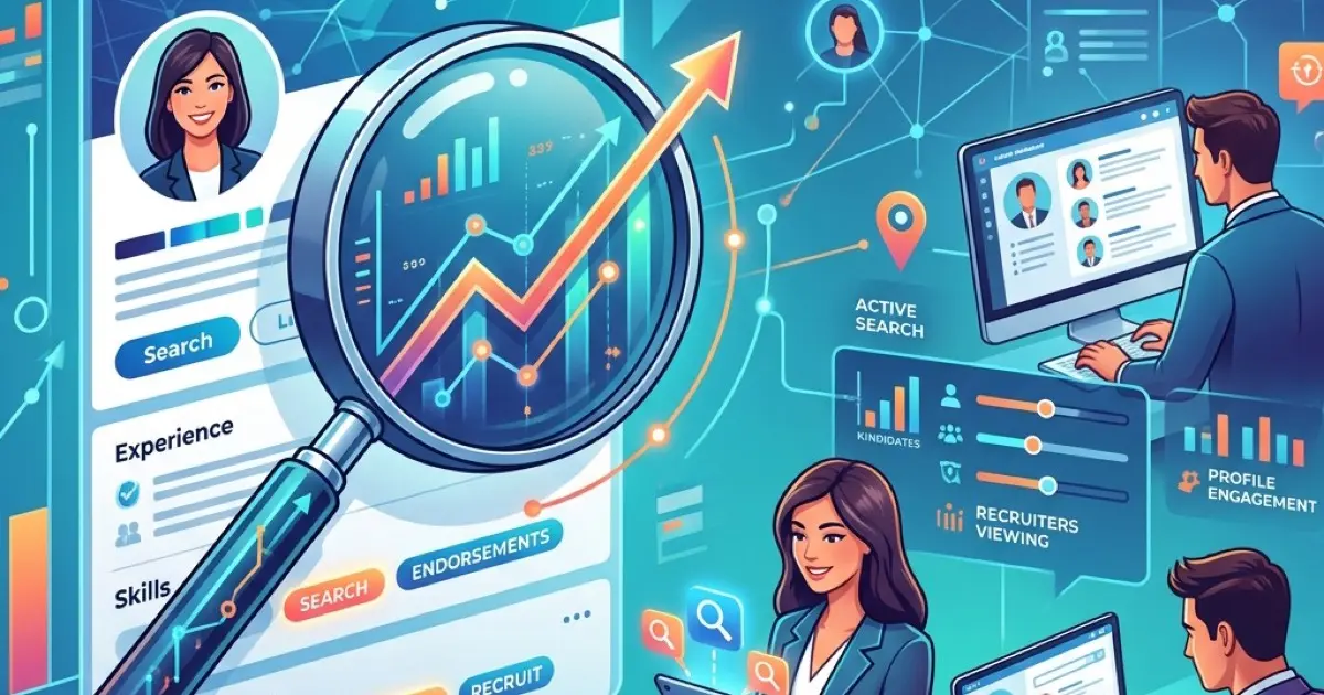 LinkedIn recruiter search interface showing search filters, keyword matching, and candidate profile ranking on a professional dashboard