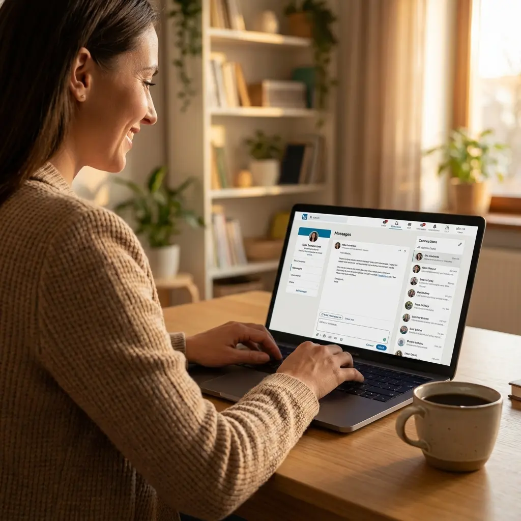Professional sending LinkedIn recommendation request on laptop with coffee