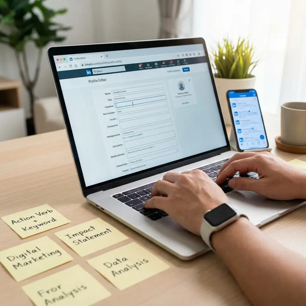 Professional updating LinkedIn profile headline on laptop