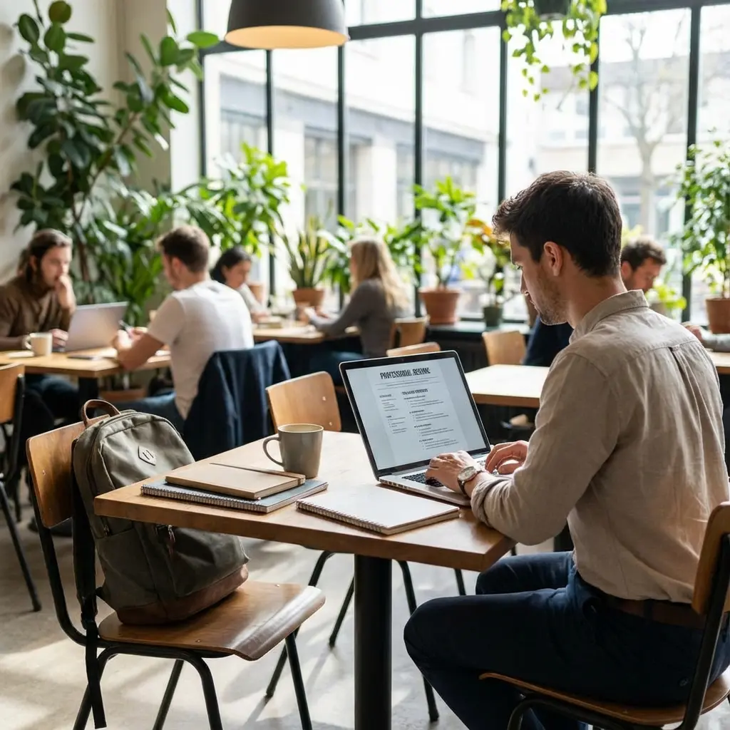 Freelancer working on laptop with professional resume showing freelance experience