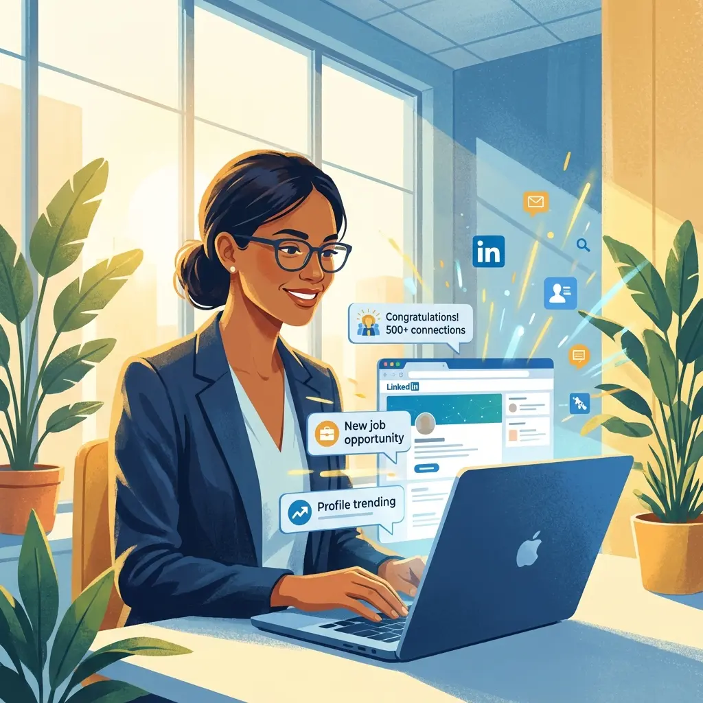 Professional using LinkedIn on laptop with success notifications