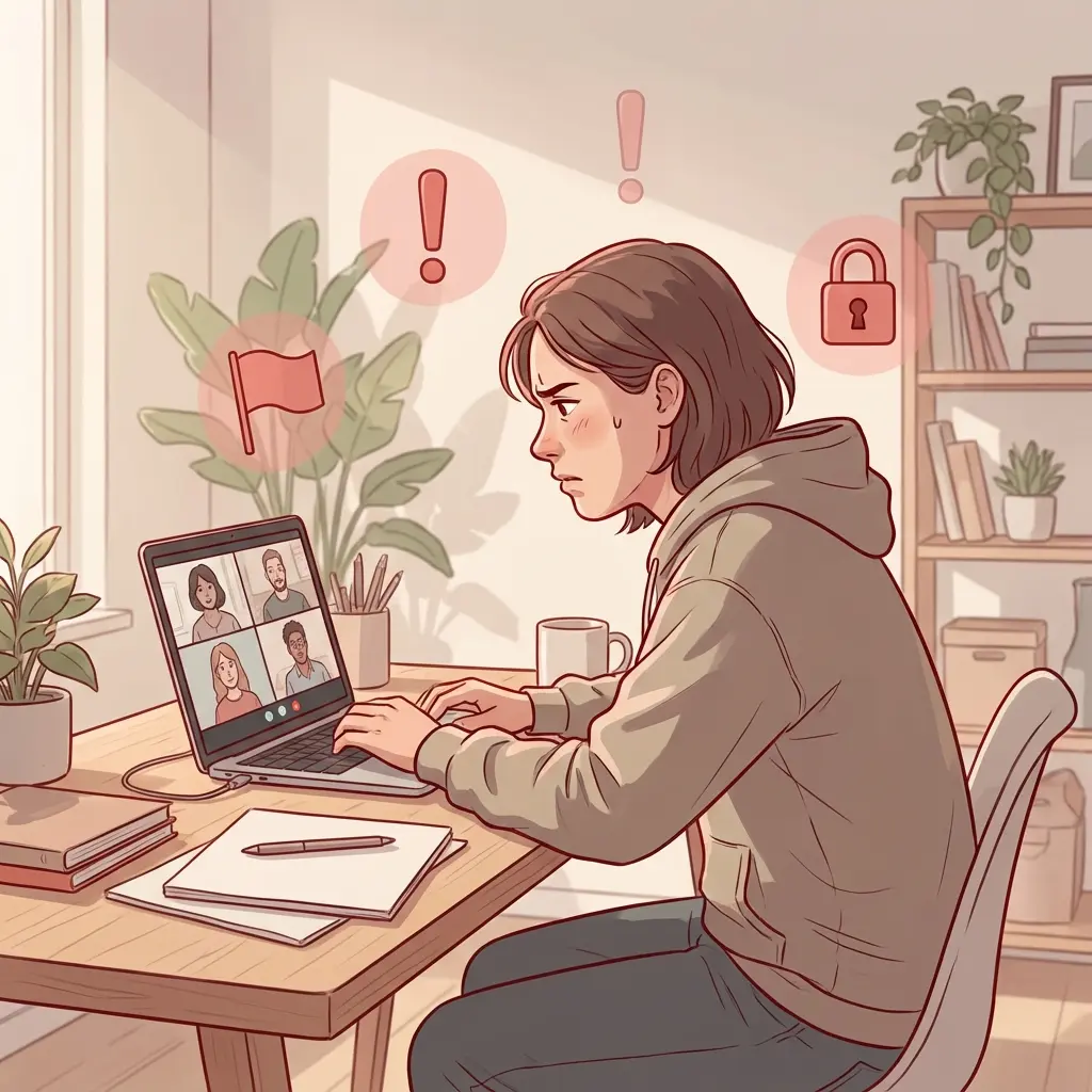 Person working remotely on laptop with warning signs