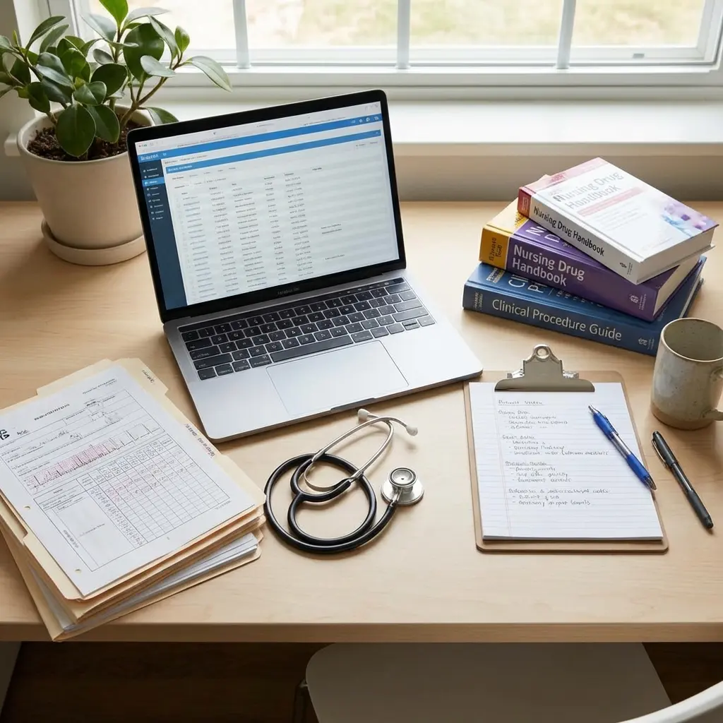 Professional healthcare workspace with medical charts and stethoscope for nursing resume creation