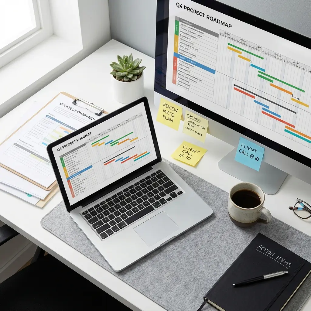Professional workspace showing project management timeline and planning documents for resume creation