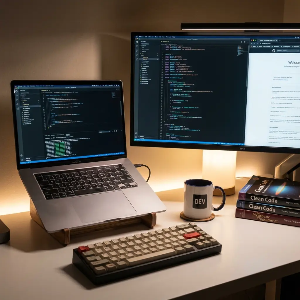 Cyberpunk style code editor with resume overlay, neon blue and purple