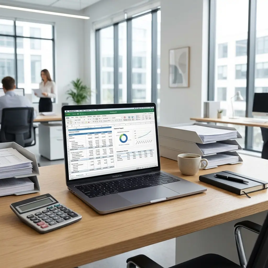 Professional accounting workspace with financial documents and calculator for resume creation