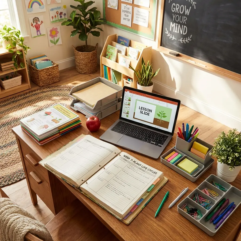 Professional classroom workspace with lesson plans and educational materials for teacher resume creation