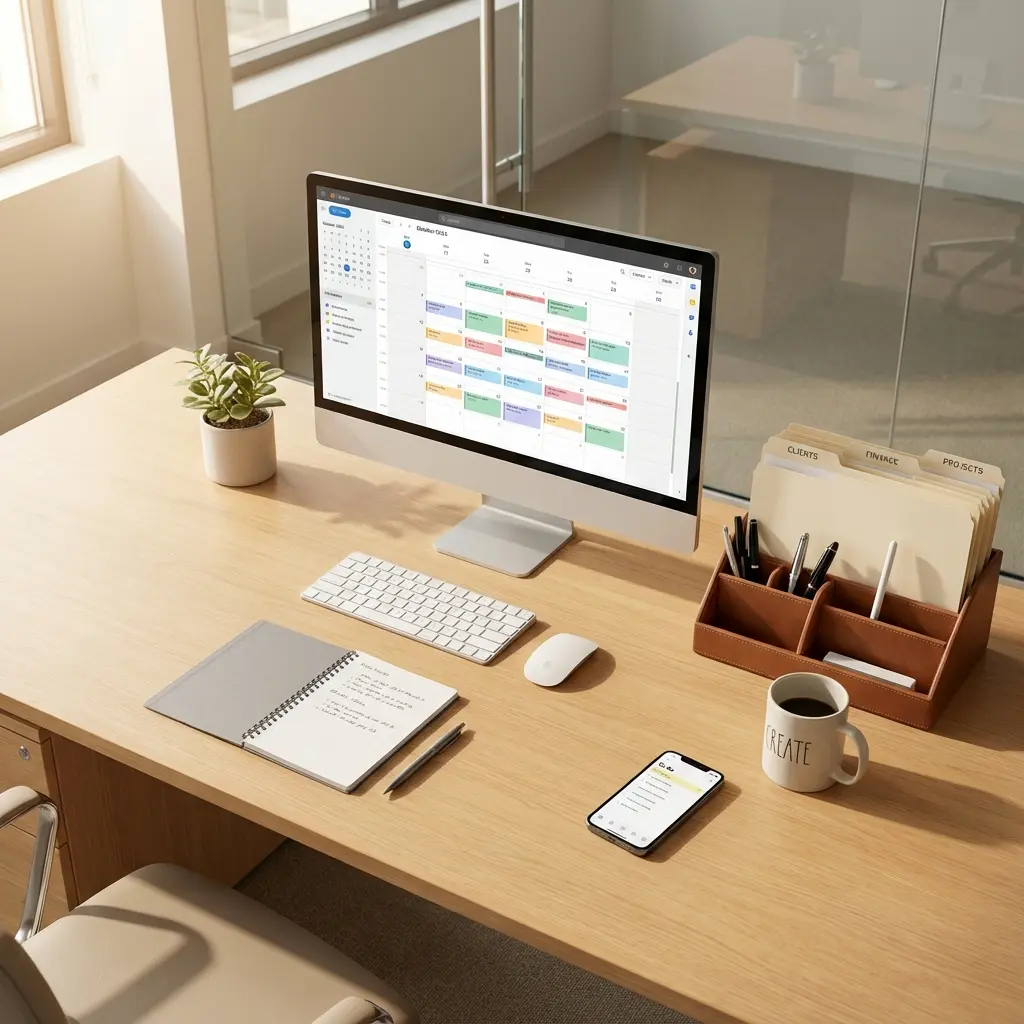 Professional administrative assistant workspace with organized desk, computer, and office supplies