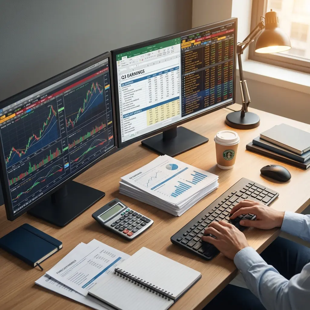 Financial analyst working with data charts, spreadsheets, and financial models on multiple monitors