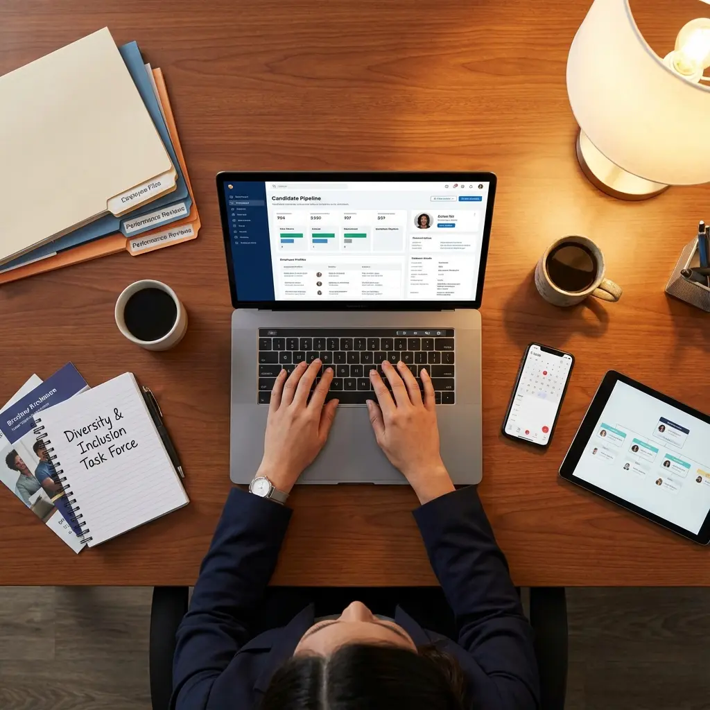 Professional HR manager reviewing candidate profiles and employee data on laptop