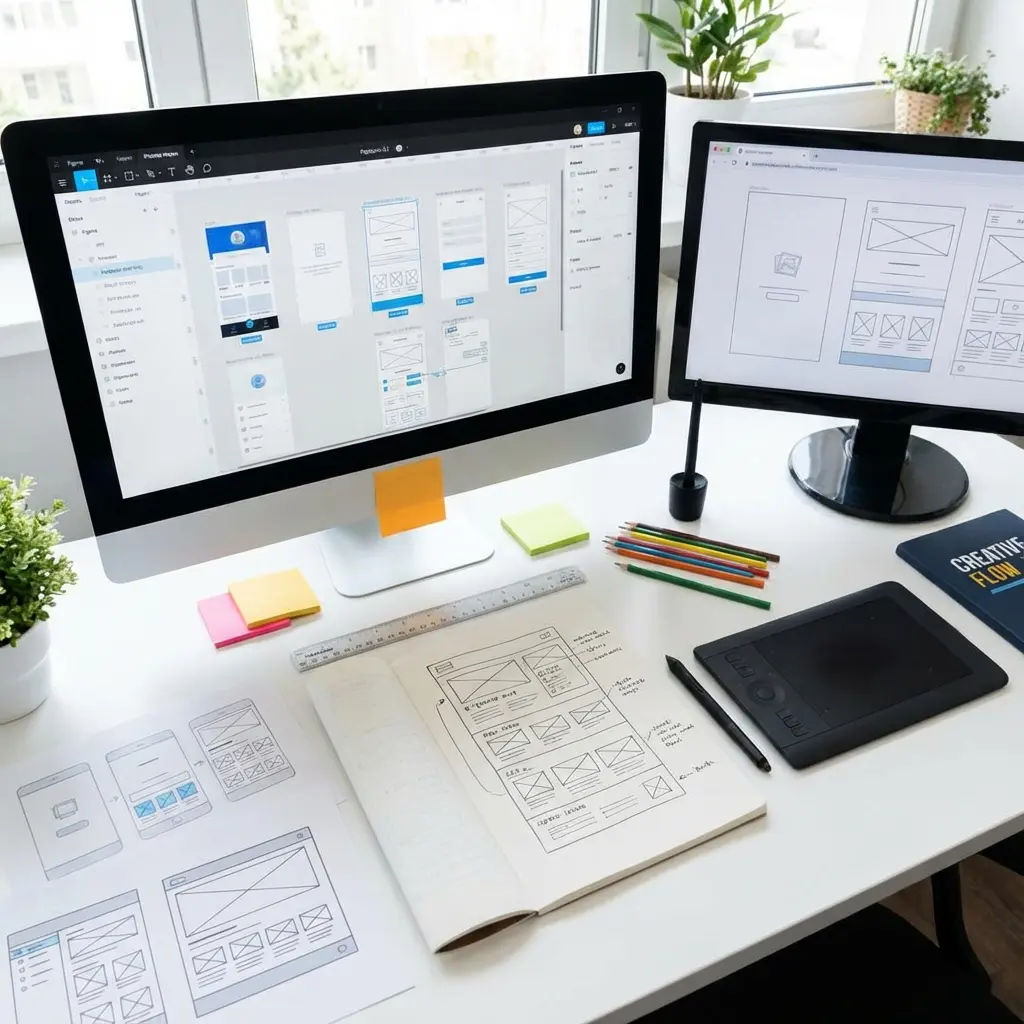 UX/UI designer workspace with design mockups, wireframes, and prototyping tools on display
