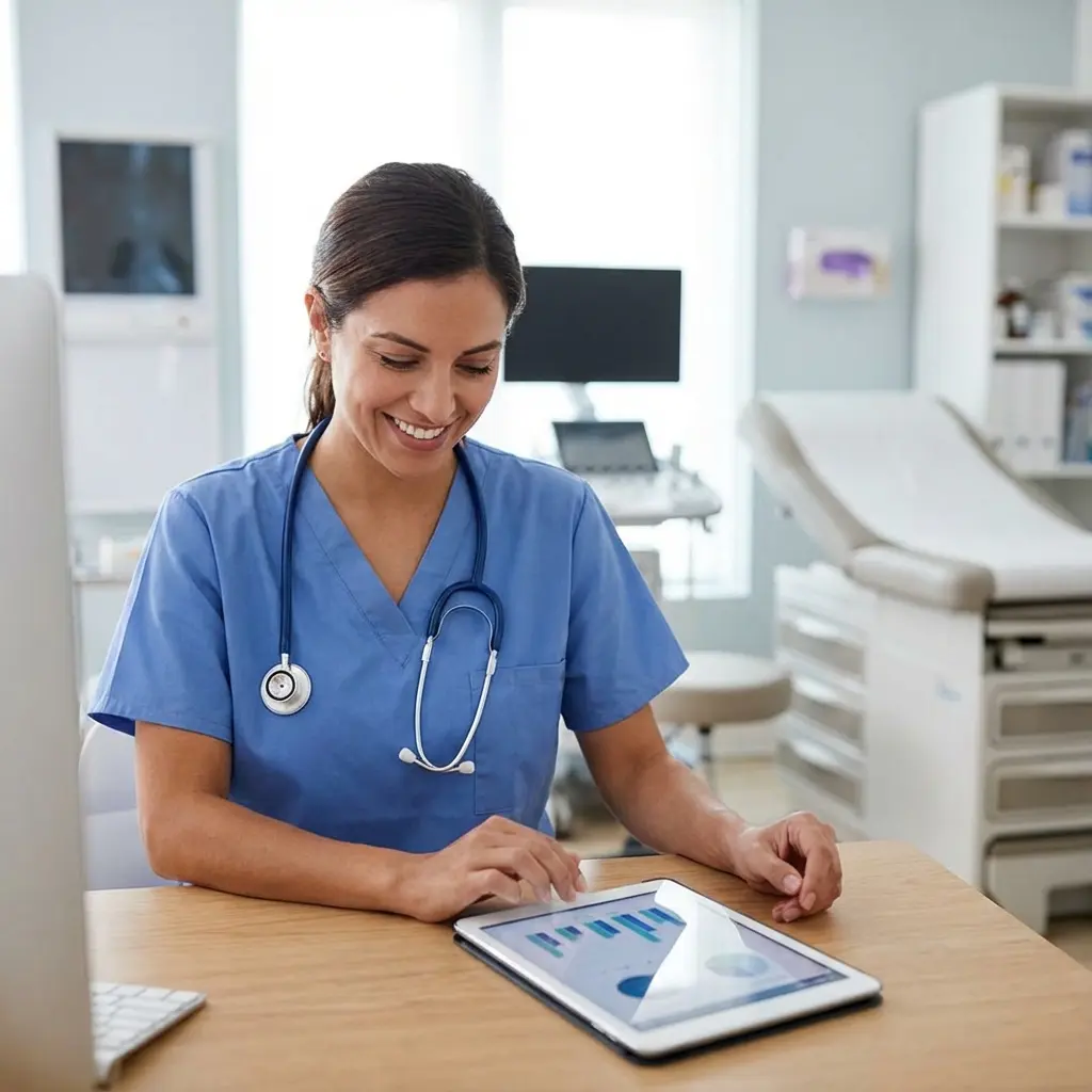 Medical assistant in clinical setting with stethoscope, patient charts, and medical equipment