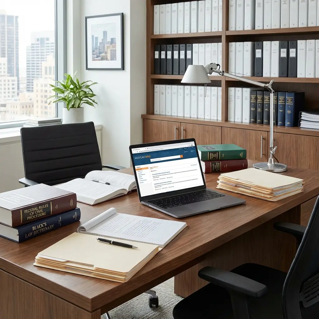 Professional paralegal workspace with legal documents, law books, and laptop in modern office