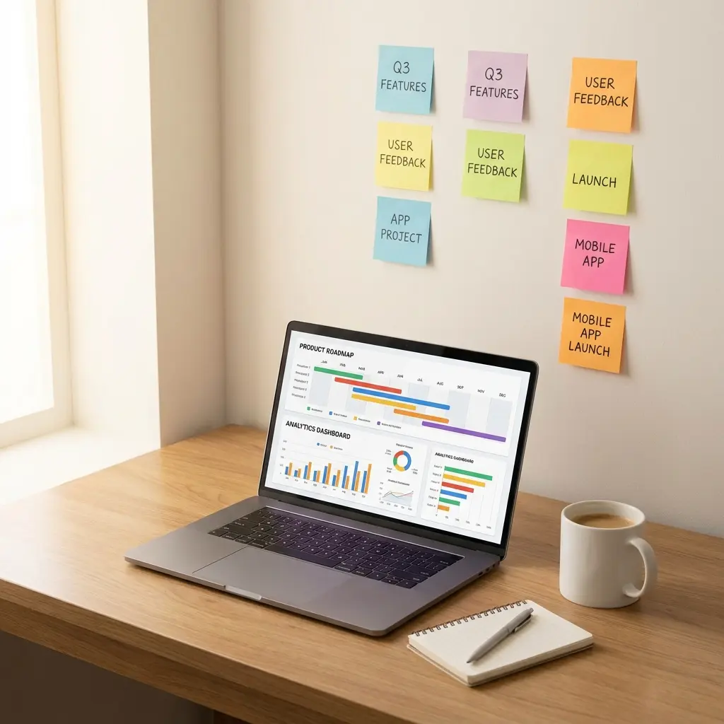 Product manager workspace with roadmap, analytics dashboard, and collaborative tools