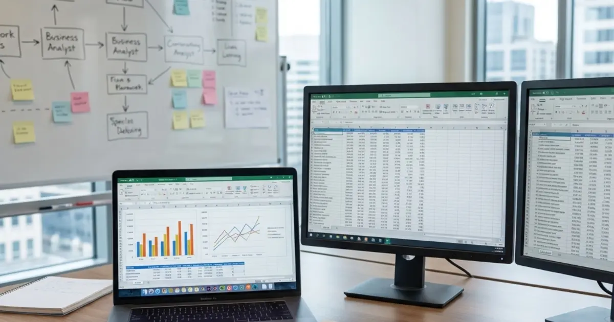 Business analyst workspace with data charts, process diagrams, and laptop showing analytics dashboard