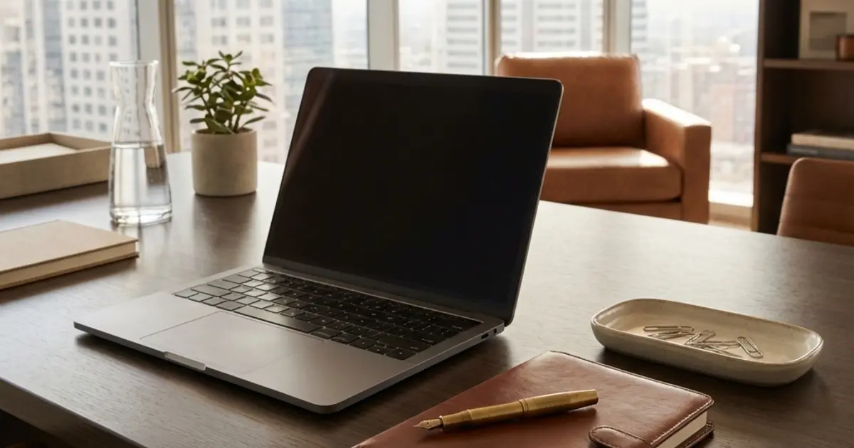 Executive assistant professional workspace with calendar, laptop, and premium office accessories