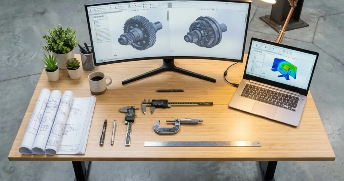 Mechanical engineer workspace with CAD drawings, engineering tools, and laptop showing design software