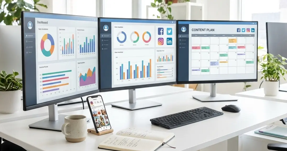 Social media manager workspace with multiple screens showing analytics dashboards and content calendars