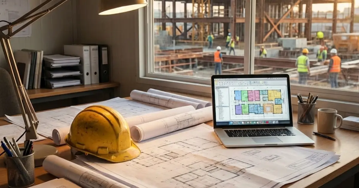 Construction site office with blueprints, hard hat, laptop showing project plans