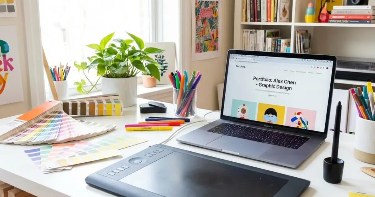 Creative designer workspace with tablet, color swatches, and laptop showing design portfolio