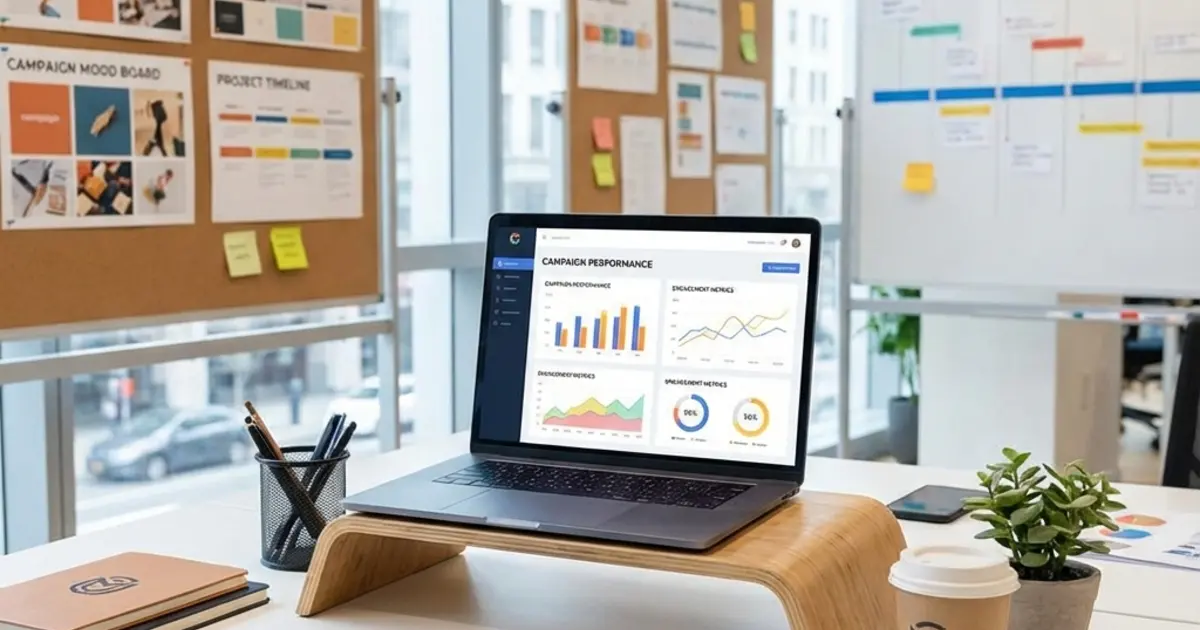 Marketing professional workspace with analytics dashboard, campaign materials, and laptop