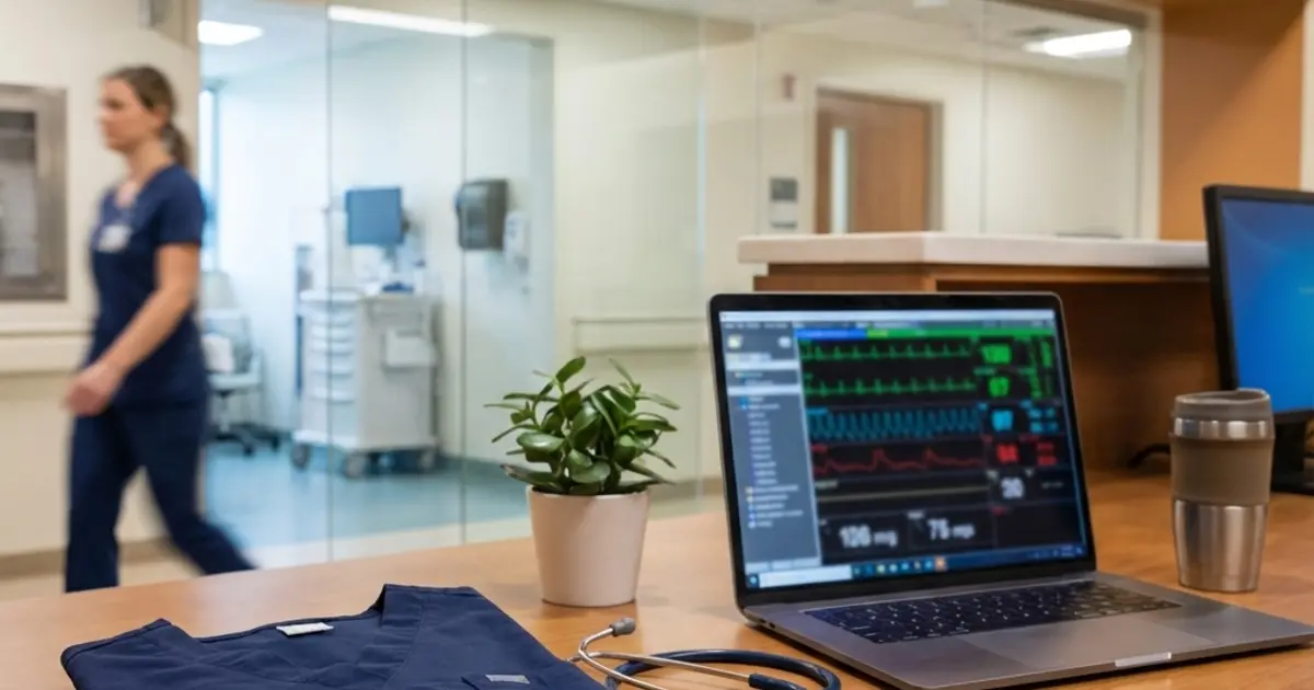 Healthcare professional workspace with stethoscope, nursing credentials, and laptop