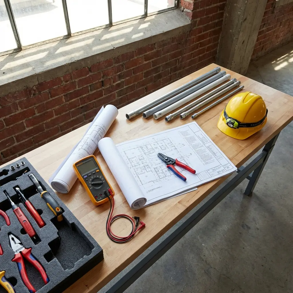 Electrician tools and equipment with multimeter and electrical blueprints on workbench