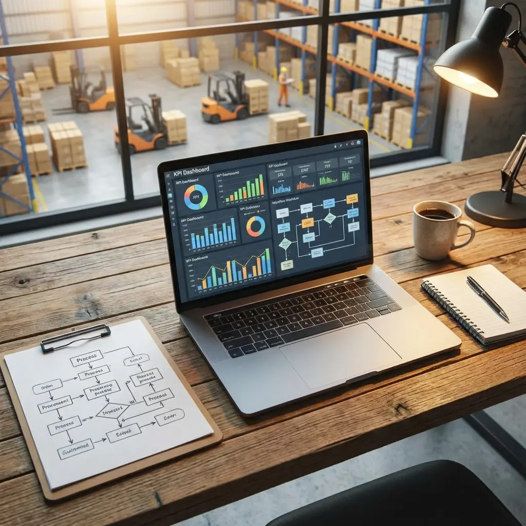 Operations manager reviewing workflow charts and KPI dashboards in modern office