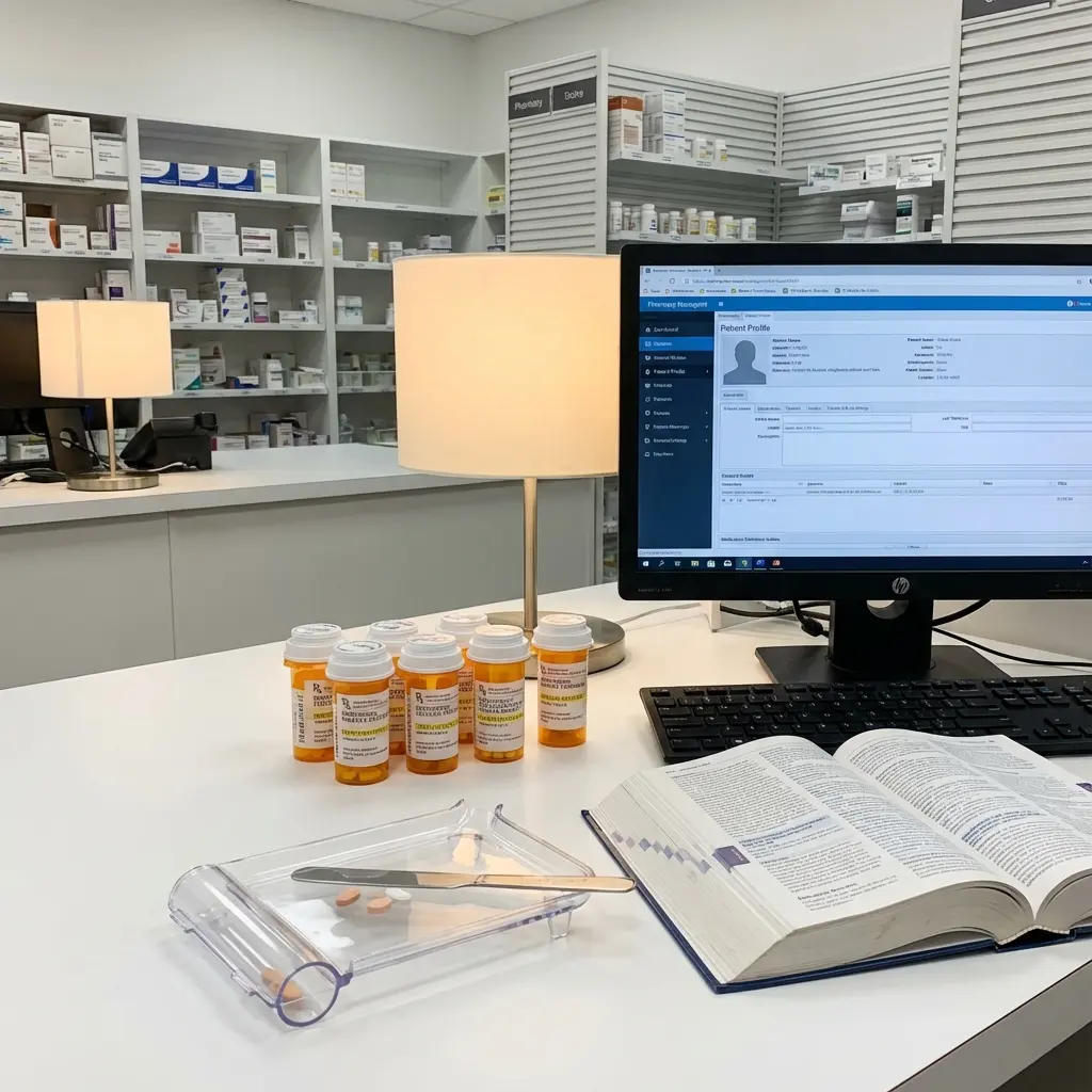 Pharmacy technician workspace with prescription bottles, computer system, and medication reference materials