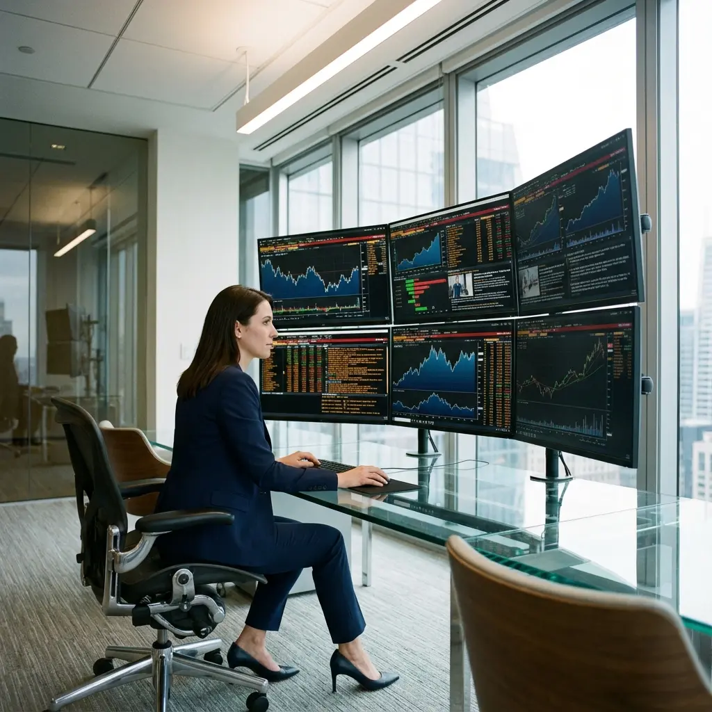 Financial professional analyzing market data on multiple monitors in trading floor environment