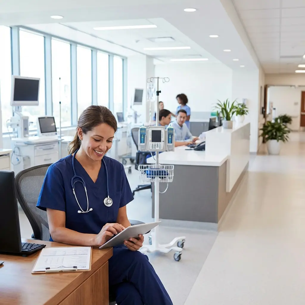 Healthcare professional reviewing patient charts in modern hospital setting