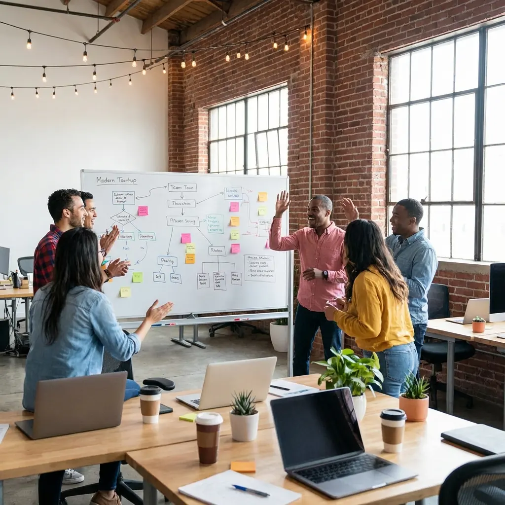 Modern startup office with collaborative workspace, whiteboards, and tech team in discussion