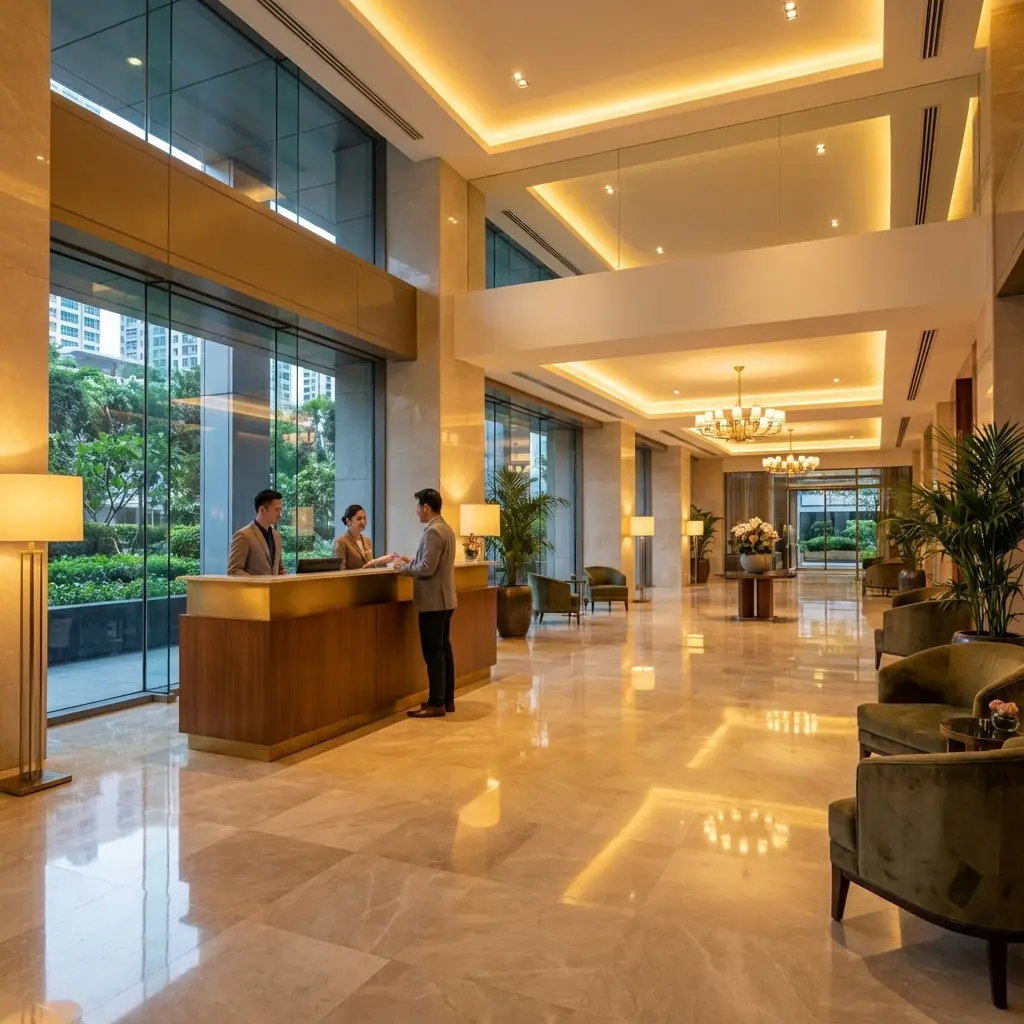 Elegant hotel lobby with professional concierge desk and warm lighting