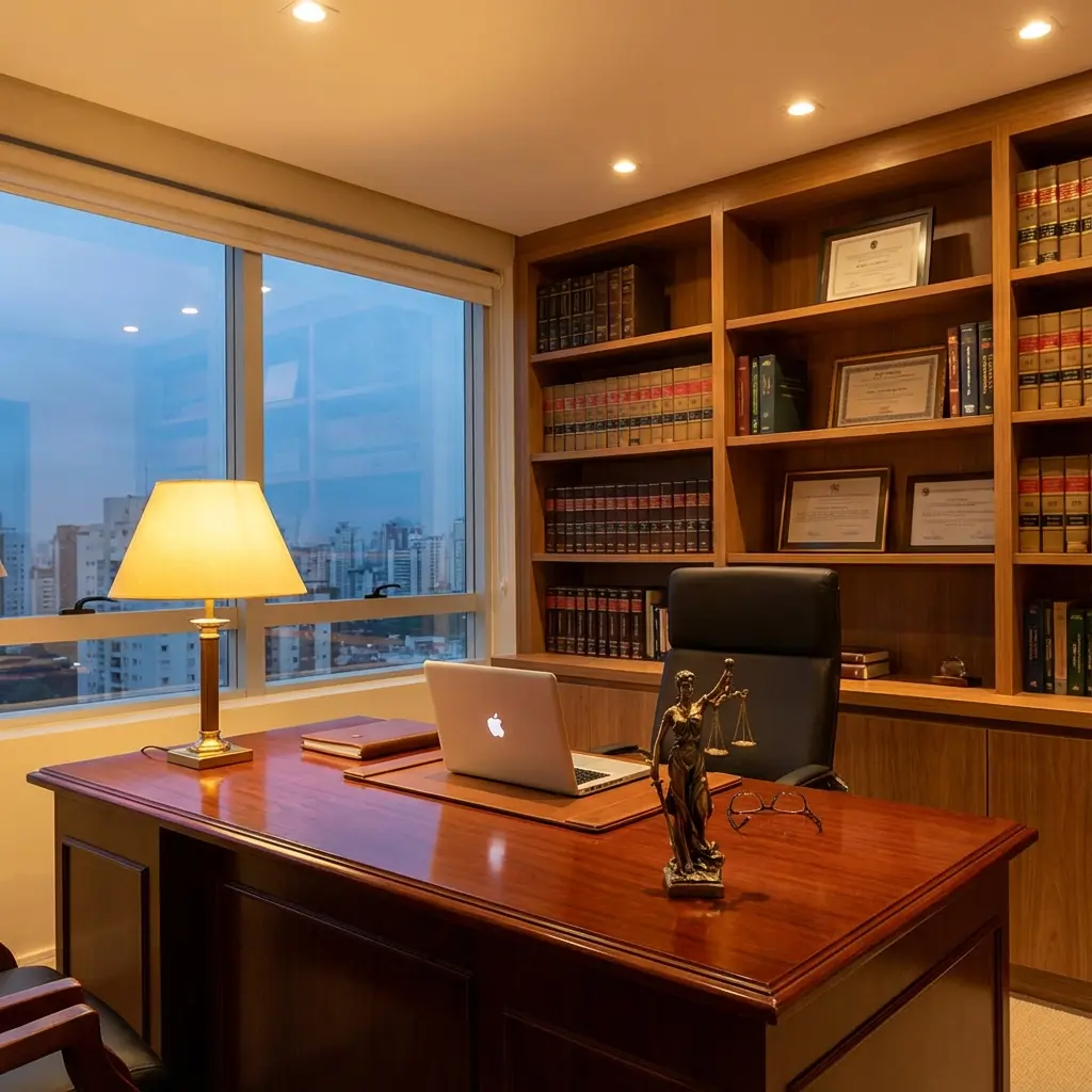 Modern law office with legal books and professional workspace