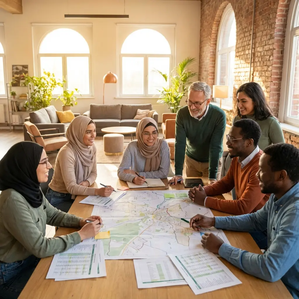 Collaborative workspace with diverse team planning community program